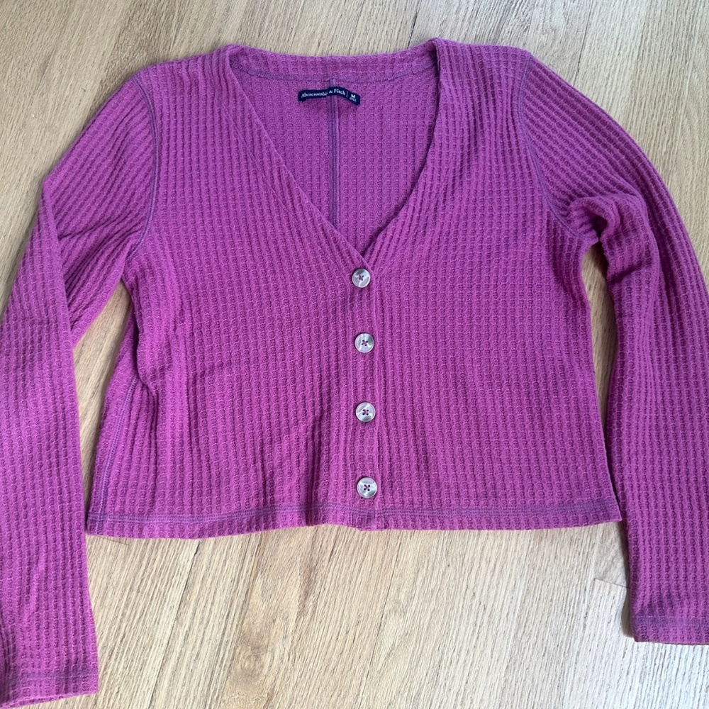 Women's Abercrombie Waffle Shirt Button up V-Neck Cardigan Pink Medium